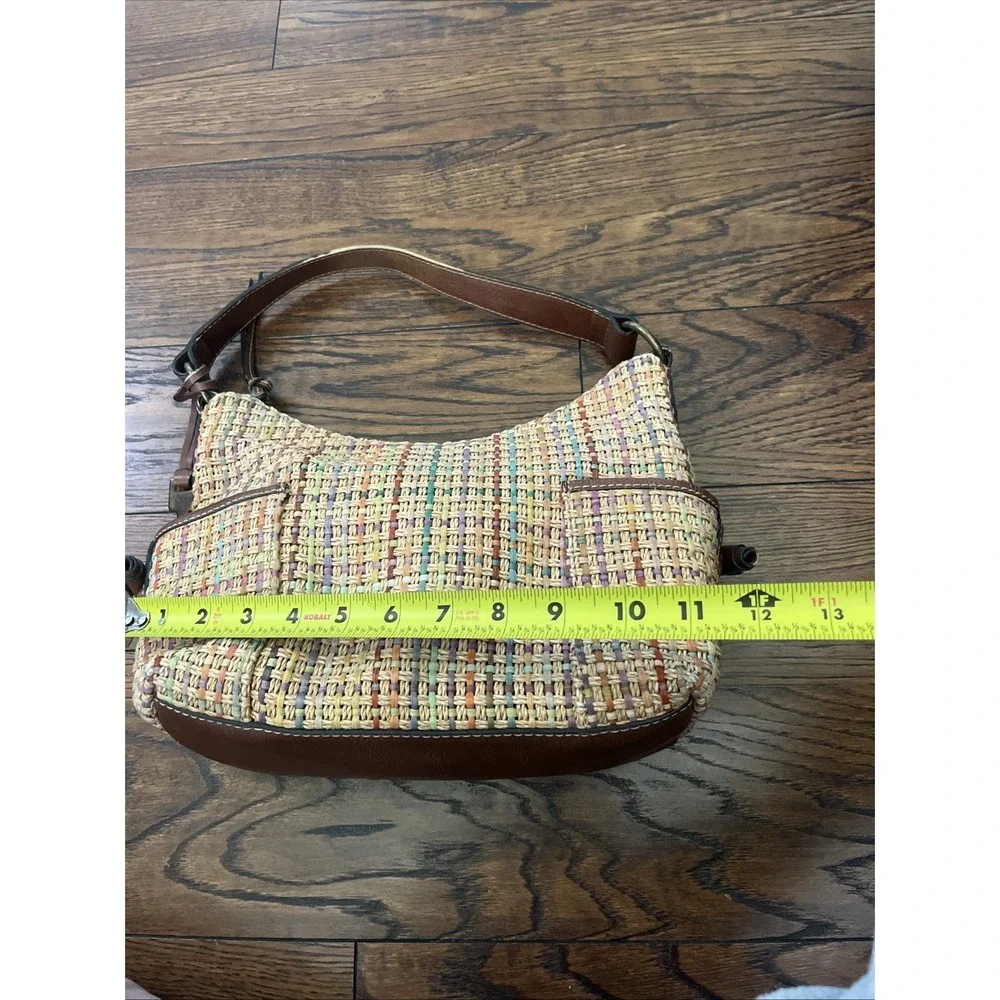 Fossil Straw Woven Hobo Bag Multicolor Leather Trim Summer Boho Purse